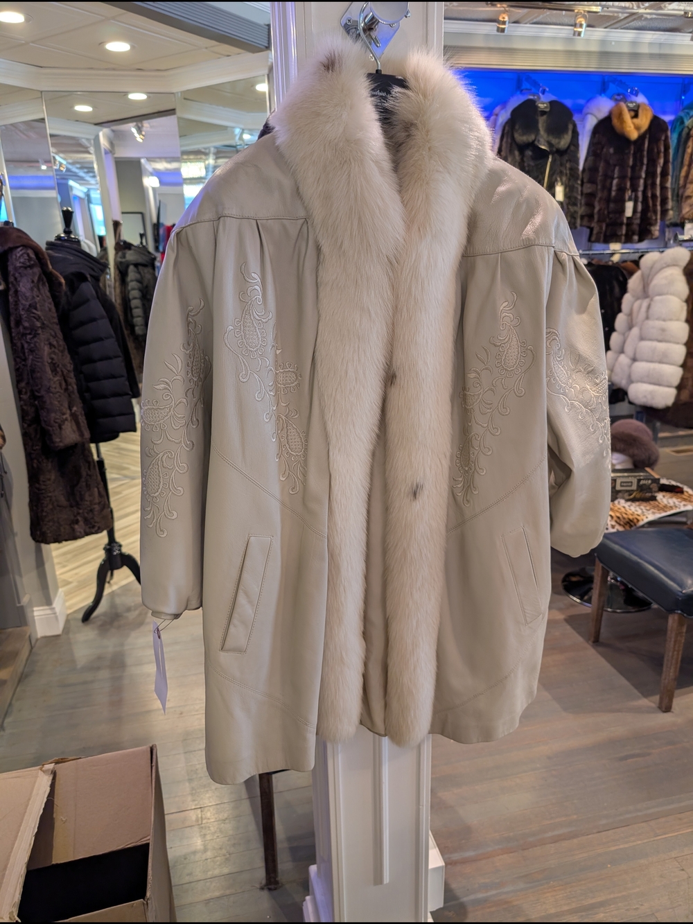 Cream Leather Coat with Fur Trim - Women's Elegant Outerwear Fox Trim With Embro